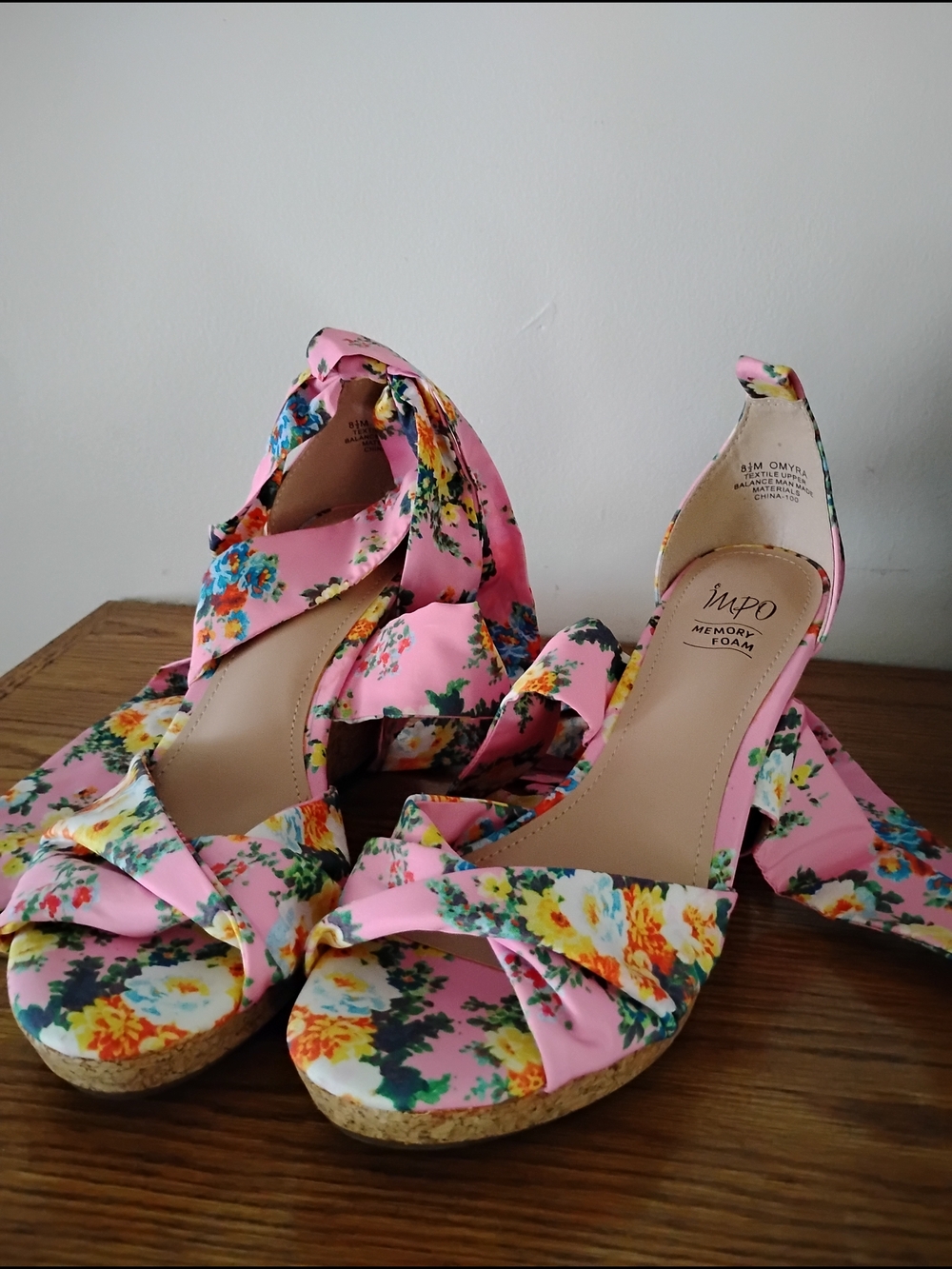 Impo Pink Floral Cork Wedge Sandals with Ankle Tie